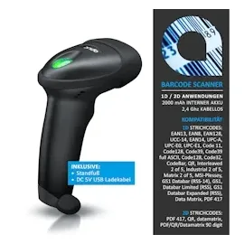 Aplic Handscanner Wireless Barcode Scanner 2.4 GHz 1D 2D, 2000 mAh, inkl. Standfuß