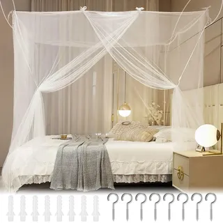 Moskitonetz Bett Reise für Doppelbett und Einzelbetten,Himmelbett Vorhänge mit Aufhängehaken,Weiß Feinmaschig Betthimmel aus Polyester,Vielseitig Großes Moskitonetz Pavillon 150x180x195cm