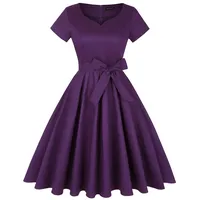 MINTLIMIT 50s Retro Herzformausschnitt Rockabilly Floral Kurze Ärmel Audrey Kleid Abendgesellschaftkleider (Einfarbig Purple,Größe M) - M