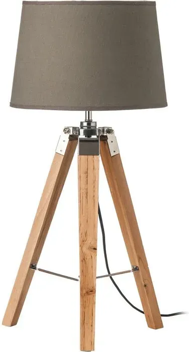 Premier Housewares Tischlampe mit Tripod-Stativ und grauem Schirm, nordisches Design mit Beinen aus Naturholz, kompakte Dekorlampe mit Stoffschirm