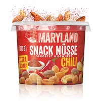 Maryland Snack Nüsse Chili 275g Becher – Knackig-scharf gewürzte Nussmischung mit gerösteten Erdnüssen, Cashewkernen und Mandeln – Chili-scharfer Mix in wiederverschließbarem Becher (1 x 275g)