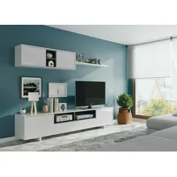 Dmora Einbaufertige Wand Hartford, TV-Ständer für Wohnzimmer, Zusammensetzung des Wohnzimmersets, 260x41h46 cm, Glänzend Weiß