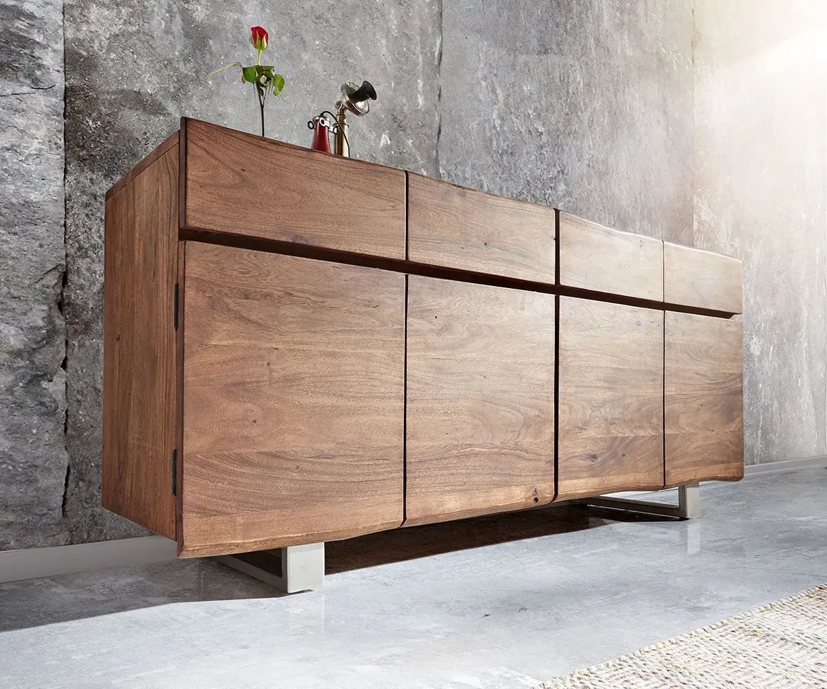 DELIFE Commode Live-Edge 172 cm acacia marron 4 portes 4 tiroirs, Buffets, Baumkantenmöbel, Massivholzmöbel, Massivholz