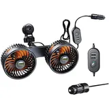 VIVIHEYDAY Handventilator Auto Ventilator 12V/24V, Doppelter Kopf Ventilatoren für den Rücksitz, Passagier, 360° Drehbarer Zigarettenanzünder Ventilator schwarz