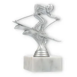 Pokal Kunststofffigur Ski Abfahrt silbermetallic auf weißem Marmorsockel 14,6cm