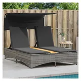 vidaXL Doppel-Sonnenliege mit Dach und Auflagen Grau Poly Rattan