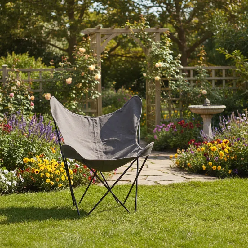 Interiors by Premier strapazierfähiger grauer Schmetterlingsstuhl, Beistellsessel mit Hängesitz für den Garten im Außenbereich, kompakter Akzentsessel, verbesserte Stabilität, strapazierfähiger Segeltuchsitz, robuste Stahlkonstruktion