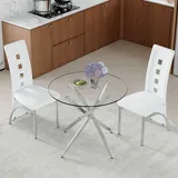 2er Set Esstisch mit gehärtetem Glas, 88 cm, zwei weiße Esszimmerstühle aus Kunstleder mit geometrischem Lochmuster, modernes Design - Weiß