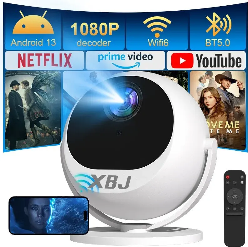 XBJ 360° Portable Projector & Smart Projector, Full HD 1080P, 360° Rotation for Ceiling/Wall/Table Projection, Outdoor Projector with 500 Lumens, 120