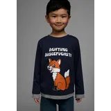 Kidsworld Langarmshirt "ACHTUNG AUSGEFUCHST", Jungen, Gr. 92/98, blau (marine), Jersey, Obermaterial: 100% Baumwolle. Einsatz: 85% Baumwolle, 15% Viskose, bedruckt, Basic, Shirts Langarmshirt, Shirt mit coolem Fuchsdruck