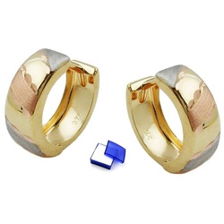 unbespielt Paar Creolen Ohrringe Creolen 12 x 5 mm diamantiert Tricolor-Optik Klappscharnier 9 Karat 375 Gold inklusive Schmuckbox, Goldschmuck für Damen goldfarben