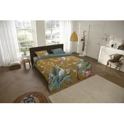 Wendebettwäsche DESCANSO "Sarenza", bunt (ocker, grün), B/L: 150cm x 220cm, , Satin, B/L: 80cm x 80cm, Satin, Obermaterial: 100% Baumwolle, Bettwäsche, Mako Satin, 135x200, Biese, Reißverschluss, Wendeoptik, Blumen, Grau