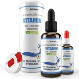 Vitamin D3 + K2 Tropfen 50ml - (K2VITAL®) 99,7+% All-Trans + inclusive Sterilbox + Reisefläschchen – hochdosiert 1.000 I.E. = 25μg D3 + 20μg K2, Laborgeprüft