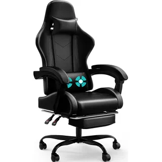 Devoko Massage Gaming Stuhl, Computer Bürostuhl mit Fußstütze, Racing Gamer Stuhl 150kg Belastbarkeit, 90-135° Rückenlehne einstellbar Ergonomischer PC Stuhl, 360° drehbar, Schwarz