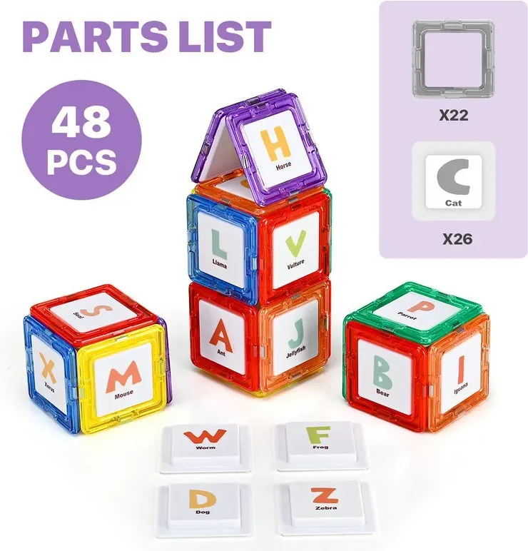 Tokky 48 magnetische Konstruktionsplatten, Buchstaben-Lernthema, Konstruktions- und Lernspielzeug, starke magnetische Haftung, sicheres ABS-Material, Lernen und Spielen in einem, CQ11