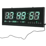 LED Digitale Wanduhr mit Display, Wanduhr Digital Groß mit Datum und Temperatur, 12/24-Stunden Modus, Zeitspeicher, Leise Wanduhr für Lager, Garage, Wohnzimmer, 480 x 190 x 30 mm | EU Stock (Grün)