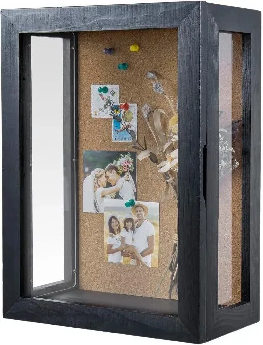 MyGift 28 x 38 cm Wandmontierte Schattenbox aus Massivholz mit Vintage-Kohle-Schwarz-Finish und Korkrückwand, Premium-Klarsicht-Acrylplatten und Magnetverschluss mit Scharniertür