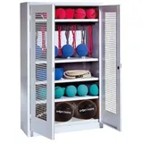 C+P Sportgeräteschrank mit Lochblech-Flügeltüren (Typ 2), HxBxT 195x120x50 cm, Lichtgrau (RAL 7035), Ergo-Lock Muldengriff, Lichtgrau (RAL 7035), Einzelschließung