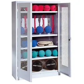 C+P Sportgeräteschrank mit Lochblech-Flügeltüren (Typ 2), HxBxT 195x120x50 cm, Lichtgrau (RAL 7035), Ergo-Lock Muldengriff, Lichtgrau (RAL 7035), Einzelschließung