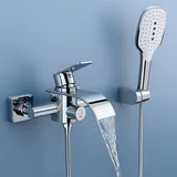 OTOmitra Badewannenarmatur mit Handbrause, Wasserfall Badewanne Armatur, Messing Mischbatterie Dusche mit 3 Funktionen, Einhand Wasserhahn Badewanne mit Druckschalter, Wannenarmatur für Badezimmer