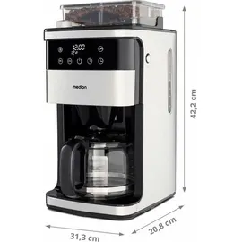 Medion Kaffeemaschine mit Mahlwerk und Glaskanne (1,5 Liter, max. 12 Tassen, 8 Mahlstufen, max. 1050 Watt, 24 Stunden Timer, LED Display, Tropfstopp, Permanentfilter, MD19899)