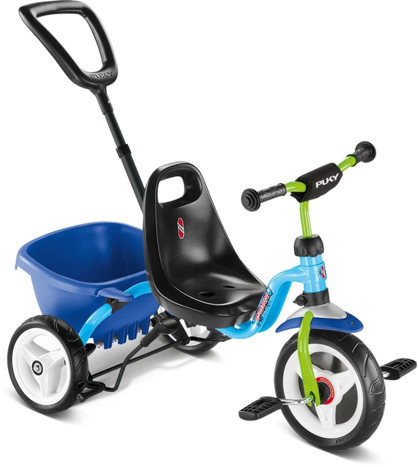 PUKY CEETY | Komfortables und sicheres Dreirad | Teleskop-Schiebestange | für Kinder ab 2 Jahren | mit Lenkerpolster | Blau-Kiwi