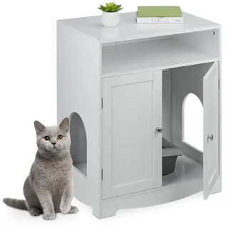 Relaxdays Katzenschrank für Katzentoilette, 2 seitliche Eingänge, offenes Fach, HBT: 73,5x60x43,5 cm, Katzenhaus, weiß