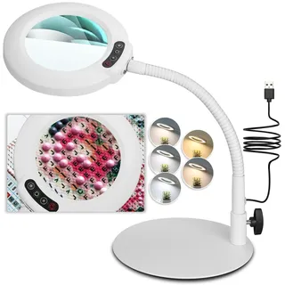 Veemagni 10X Lupe mit Licht und Ständer, 5 Farbmodi stufenlos dimmbare LED beleuchtete Schreibtischlampe, Hände frei Flexible Schwanenhals Lupe mit Licht für Handwerk Malerei Schließen Arbeit- Weiß