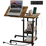 Hadulcet Beistelltisch Couch, Beistelltisch C-Form mit Rollen, verstellbare Tischplatte, Höhenverstellbar Sofatisch mit Steckdose, Laptoptisch mit Stauraum für Wohnzimmer & Schlafzimmer, Braun