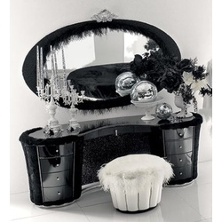 Casa Padrino Luxus Barock Schlafzimmer Set Schwarz / Silber / Weiß - 1 Barock Schminkkommode & 1 Barock Spiegel & 1 Barock Hocker - Prunkvolle Barock Schlafzimmer & Hotel Möbel - Made in Italy