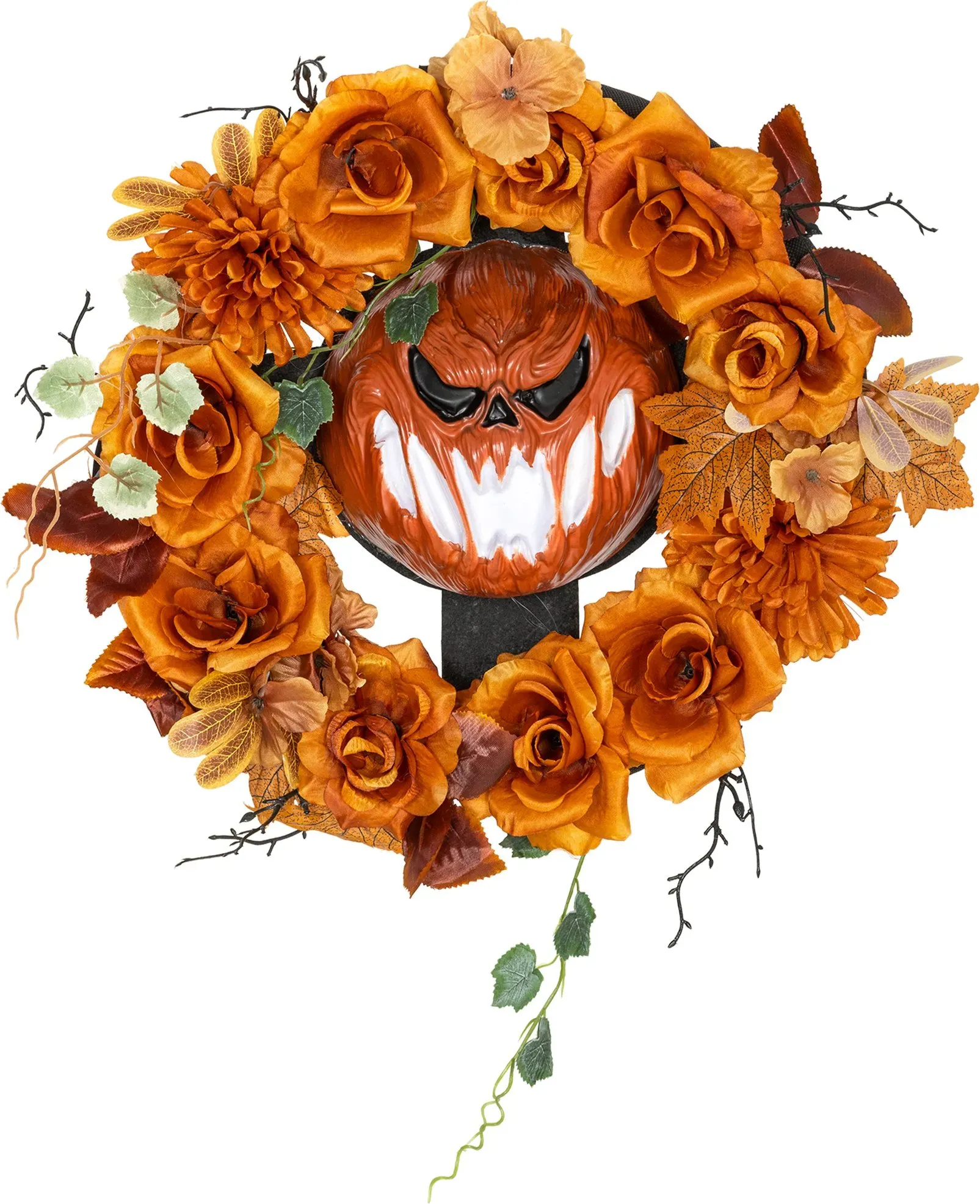 Outsunny Halloween Dekoration Hängender Kürbis-Kranz mit 44 LEDs mit Flammeneffekt, Haustür Deko mit gruseligem Kürbisgesicht und Blüten, Gartendeko für Party   Aosom