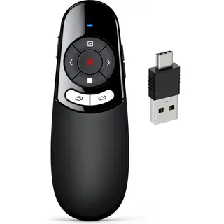 USB C Presenter, Kabellose 2.4 GHz Powerpoint Fernbedienung, Pointer für Präsentationen via Typ C und USB Empfänger, Rot Präsentationsfernbedienung für Windows 7/8/10/Mac/Linux/Android/PowerPoint