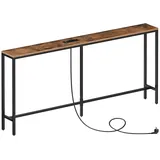 MAHANCRIS Schmal Konsolentisch mit Ladestation, 160 cm Beistelltisch, Flurtisch hinter dem Sofa, Ausstellungstisch für Sofa, für Flur, Wohnzimmer, Vintagebraun und Schwarz ACTHR165UE01