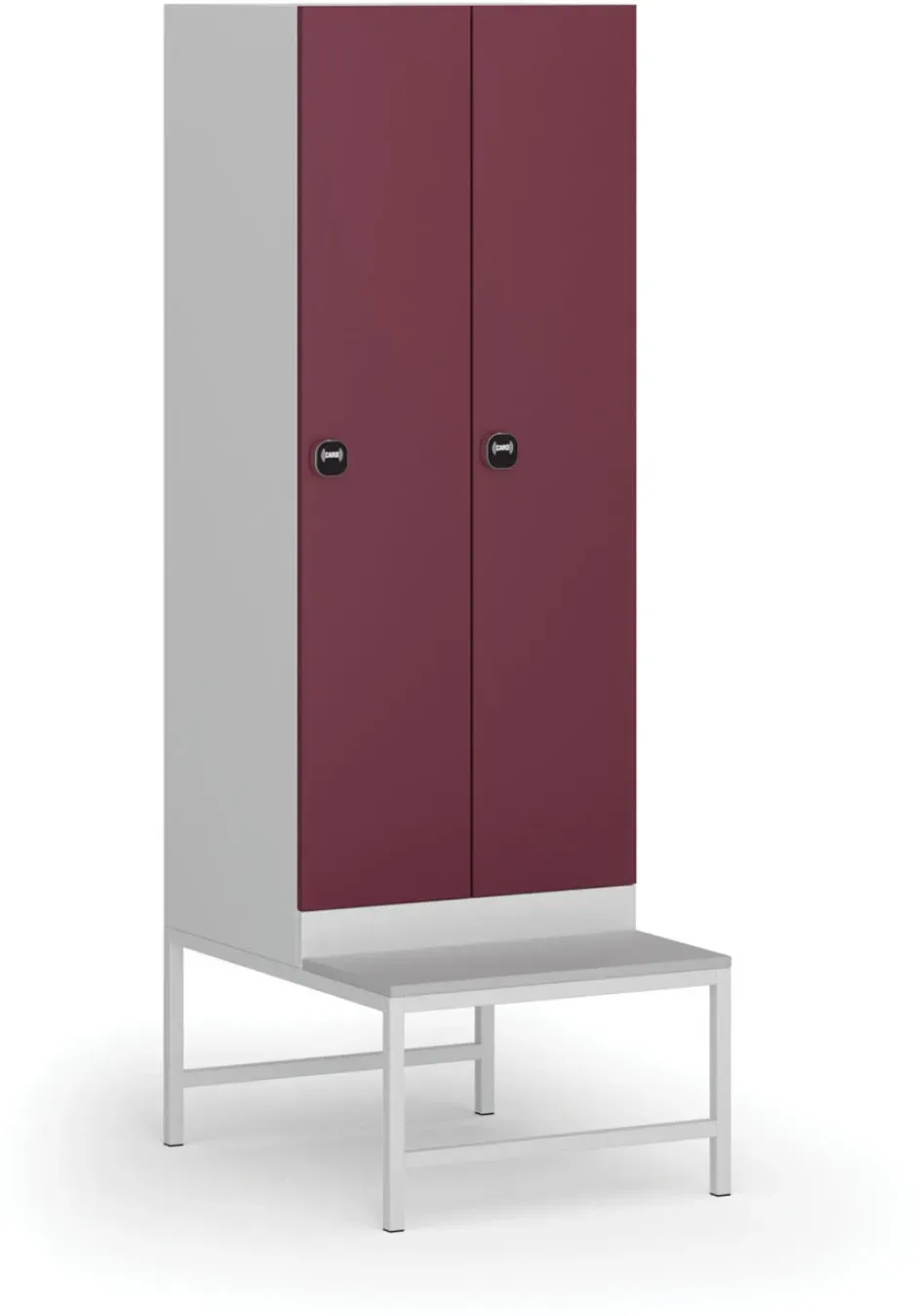 Metallspind S1 mit Sitzbank, 2 Abteile, 1875 x 600 x 500/800 mm, RFID-Schloss, rote Tür