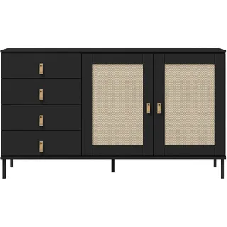 woodroom Valencia Sideboard schwarz – Kommode aus massiver Kiefer, lackiert, 140x80x40 cm – Design-Schrank mit 2 Türen & 4 Schubladen für stilvolle Wohnräume