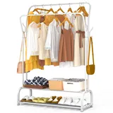 VOUNOT® Kleiderständer, Kleiderstange Doppelt, Garderobenständer Metall mit 2-lagigem Schuhregal und 4 seitlichen Haken, Stabil, Schwerlast, für Schlafzimmer Flur Ankleidezimmer, 110x35x146cm, Weiß