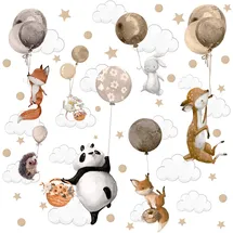 Muralo Sticker Set für Mädchen und Jungen - Aquarell Aufkleber Wandsticker Tattoo für Kinderzimmer - Wandaufkleber Wilde Tiere mit Luftballons Motiv - Br.120cm x Hö.60cm