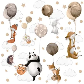 Muralo Sticker Set für Mädchen und Jungen - Aquarell Aufkleber Wandsticker Tattoo für Kinderzimmer - Wandaufkleber Wilde Tiere mit Luftballons Motiv - Br.120cm x Hö.60cm