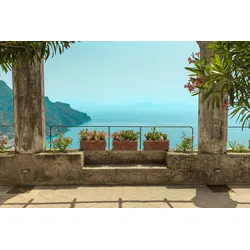 Fototapete PAPERMOON "PERGOLA-TERRASSE STRAND KLIPPEN KÜSTE BLUMEN GEBIRGE", bunt, B:3,00m L:2,23m, Vlies, Tapeten