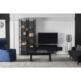 JV Möbel Schwarze Wohnwand Hochwertige Schrank Wände Luxus Anbau Wand Couchtisch 2tlg