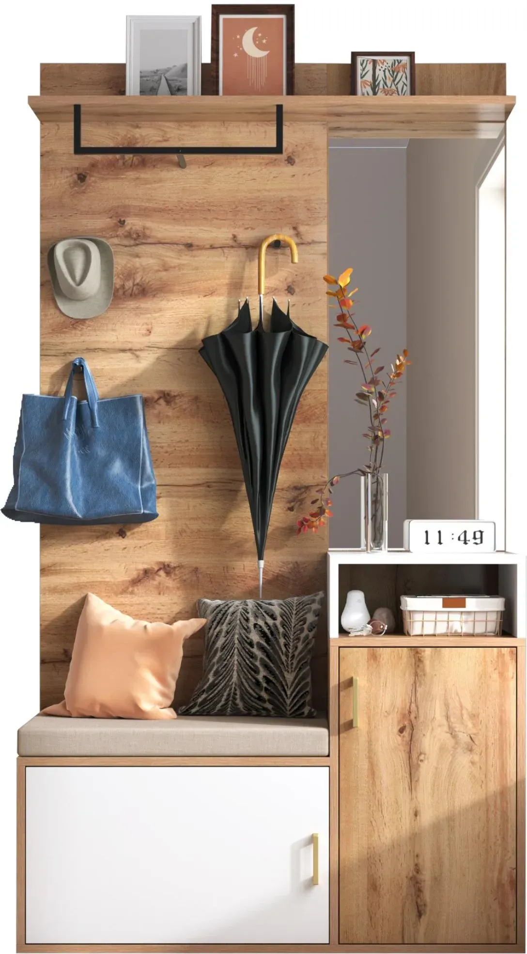 Garderoben-Set mit Spiegel, Sitzbank, 2 Schuhfächern, Haken und Garderobenstange, 105x40x190,5 cm, Weiß+Naturfarbe
