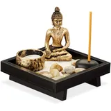 Relaxdays Zen Garten, mit Buddha, Steinen, Sand, Räucherstäbchen & Teelichthalter, Entspannung, Feng Shui Deko, schwarz