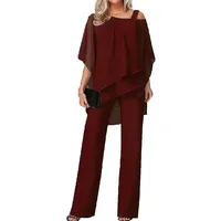 Damen Zweiteiler Outfit Sommer Hosenanzug Damen Tüll Sets Zweiteiler Chiffon Shirt und Hohe Taille Hosenanzug Elegant Vintage 2-Teiliges Set Outfit Cocktail Party Hosenanzug(Red,L) - L