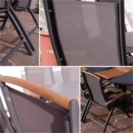 ALEOS. Gartengarnitur Gartenset Aluminium TEAK Set mit quadratischem Ausziehtisch 150x110cm auf 150cm ausziehbar + 4 Hochlehner anthrazit Trinidad