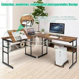 Costway L-förmiger Schreibtisch, Eckschreibtisch aus Holz mit neigbarer Tischplatte, unterem Bücherregal & CPU-Ständer, Zeichentisch Computertis... - Braun