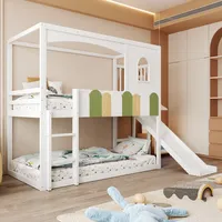 Hochbett Kinder 90×200 Cm, Einzelbett Mit Rutsche, Sicherheitsleiter Und Mehrfarbigem Geländer, Ohne Matratze, Aus Holz, Weiß