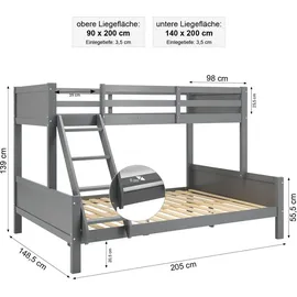 Homestyle4u Etagenbett 90 x 200 cm Kiefer massiv grau