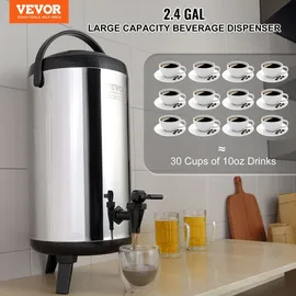 Vevor Heiß- und Kaltgetränkespender Getränkespender 9,2 L, Edelstahl Heiß- und Kaltwasserbrunnen Großer Getränkespender mit Zapfen & Tragegriff für Kaffee, Wasser, Saft, Isolierkanne für Cafés, Bars