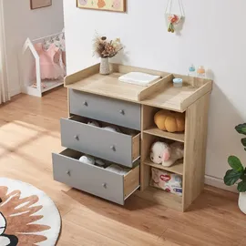[en.casa] Wickelkommode Beldinupp mit Wickelaufsatz 93x110x55 cm Eicheoptik/Grau [en.casa]