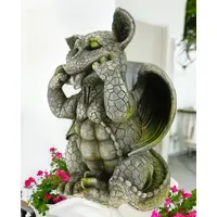 Kremers Schatzkiste Drachenkind streckt Zunge Raus 30cm Drachenfigur Gartenfigur Handbemalt Polyresin Exklusiv Drache Dragon Skulptur Statue lustiges Motiv